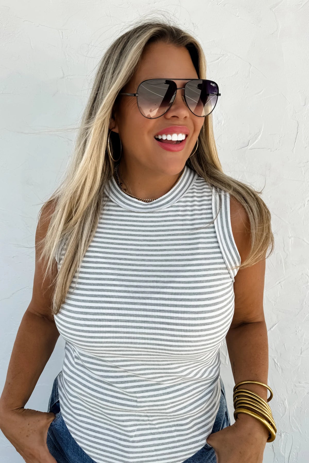 Base Striped Ribbed Tank - Gray