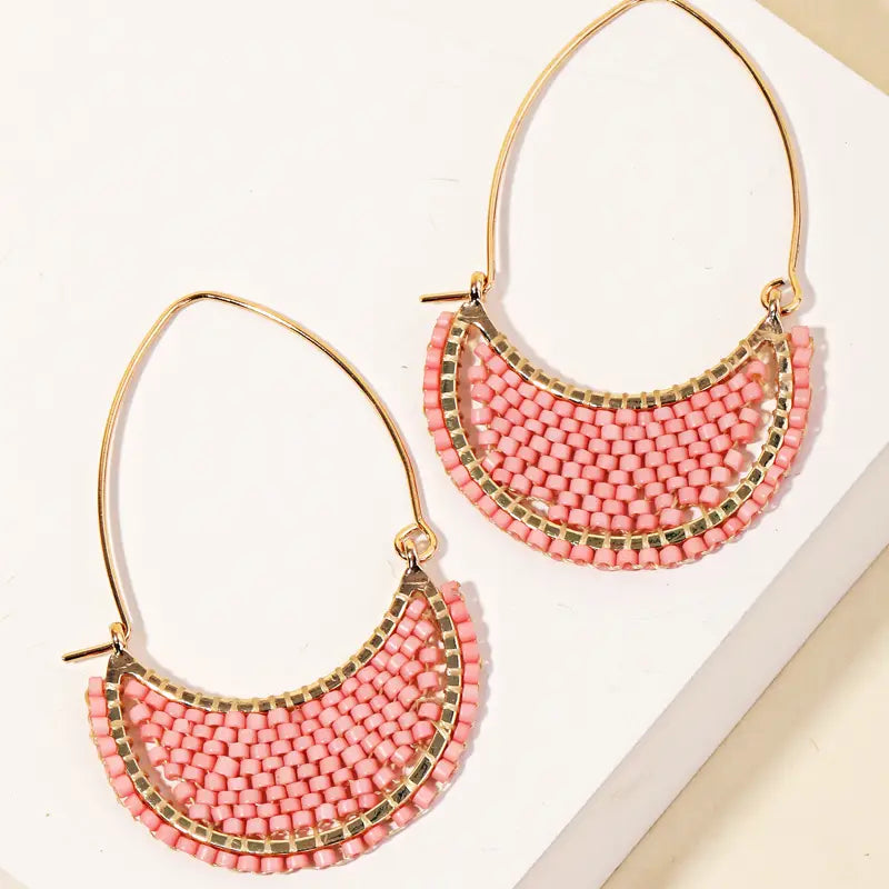 Seed Beads Hoop Earrings- Pink