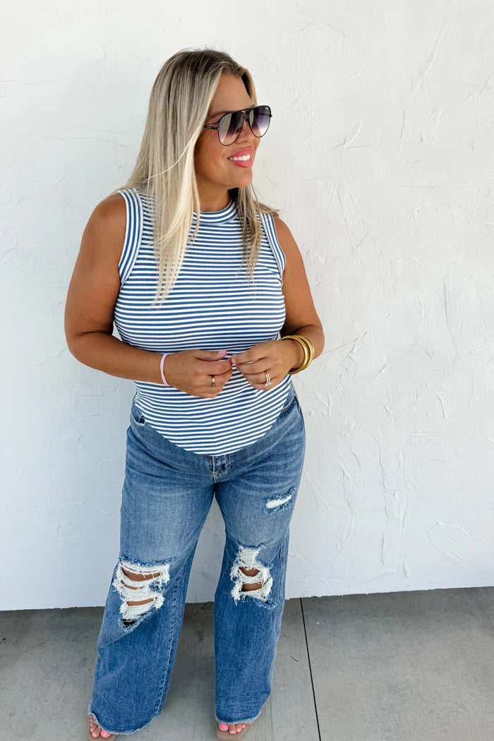 Base Striped Ribbed Tank - Blue