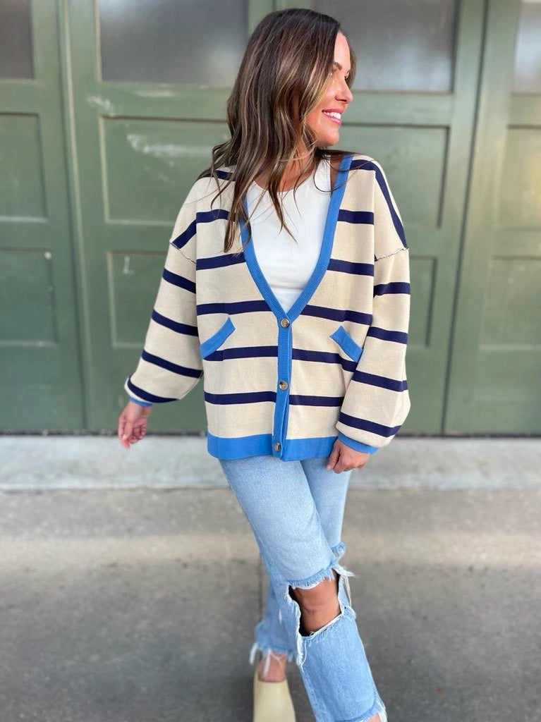 Rachel Contrast Cardigan Navy Stripe