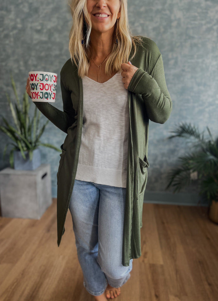 Sierra Ribbed Lightweight Cardigan- Olive