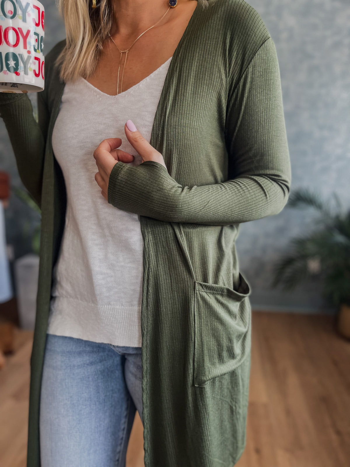 Sierra Ribbed Lightweight Cardigan- Olive