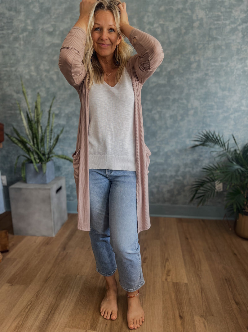 Sierra Ribbed Lightweight Cardigan- Taupe