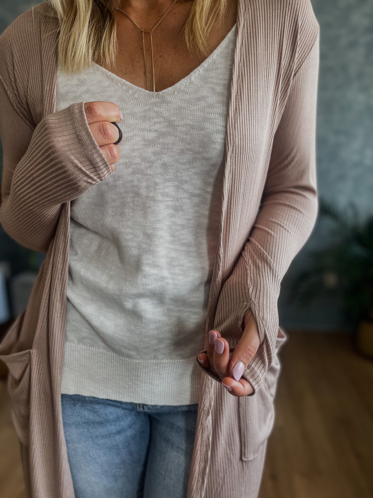 Sierra Ribbed Lightweight Cardigan- Taupe