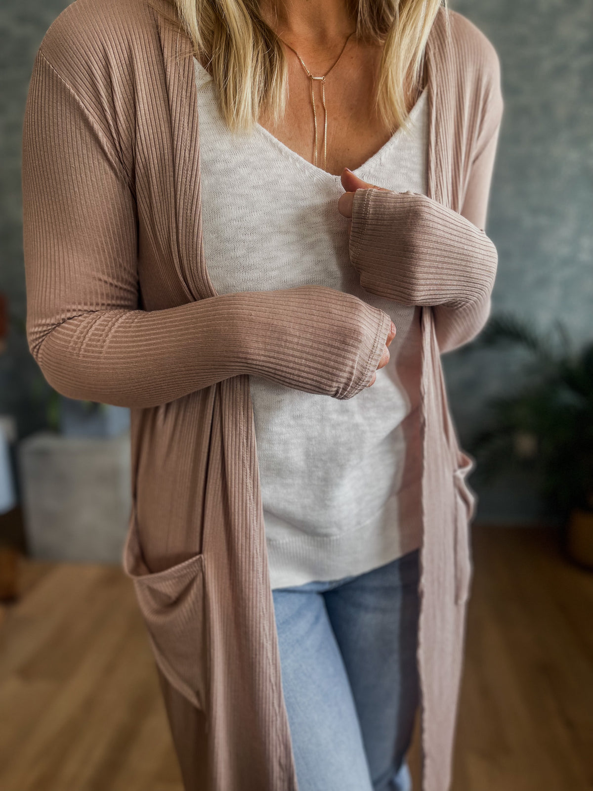 Sierra Ribbed Lightweight Cardigan- Taupe