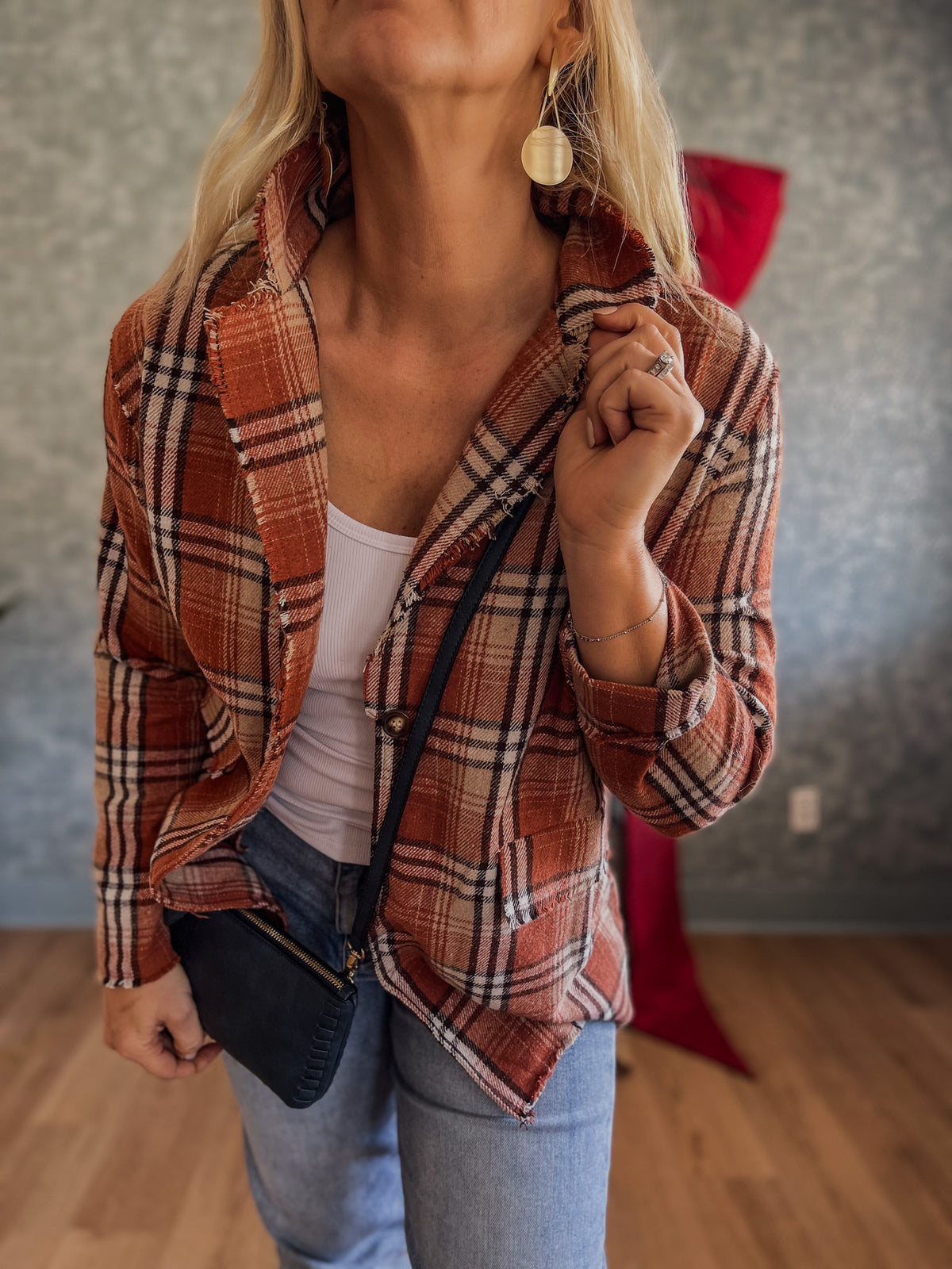 Pull It Together Plaid Blazer- Rust