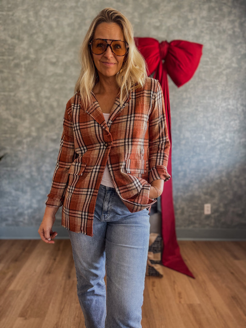 Pull It Together Plaid Blazer- Rust