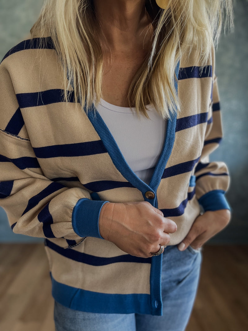 Rachel Contrast Cardigan Navy Stripe