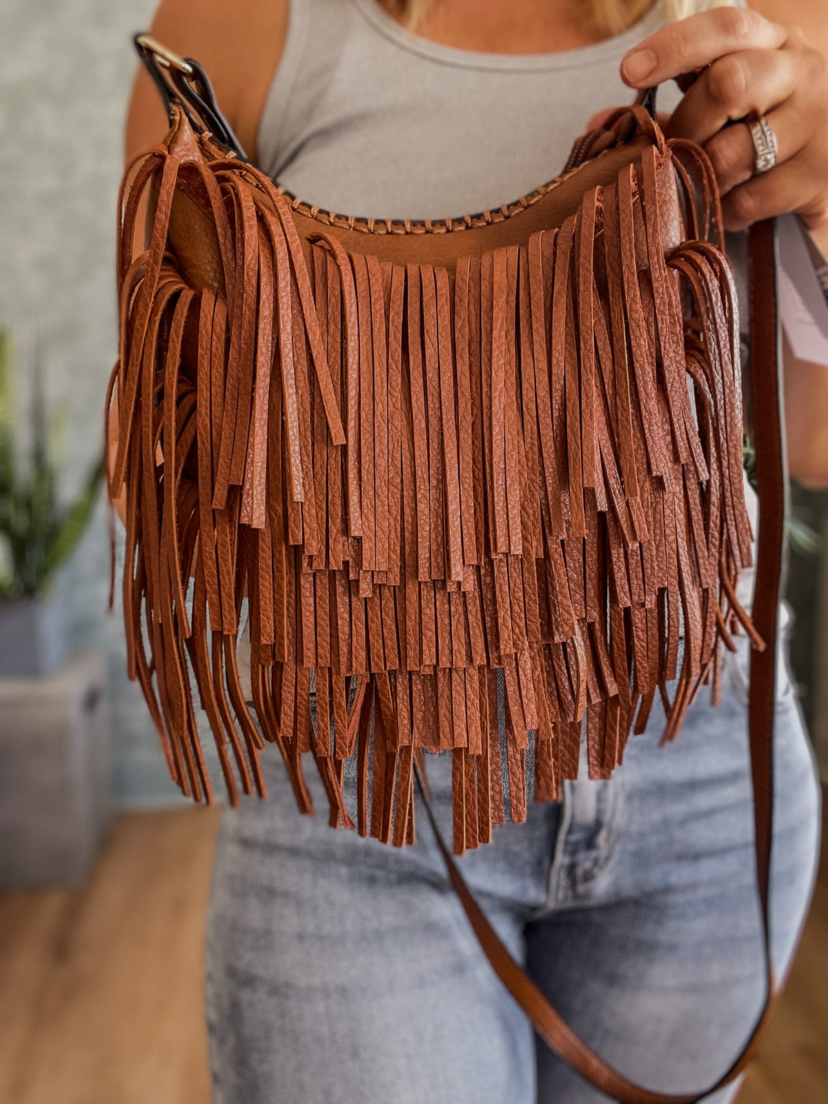 Willa Whipstitch Fringe Crossbody- Cognac