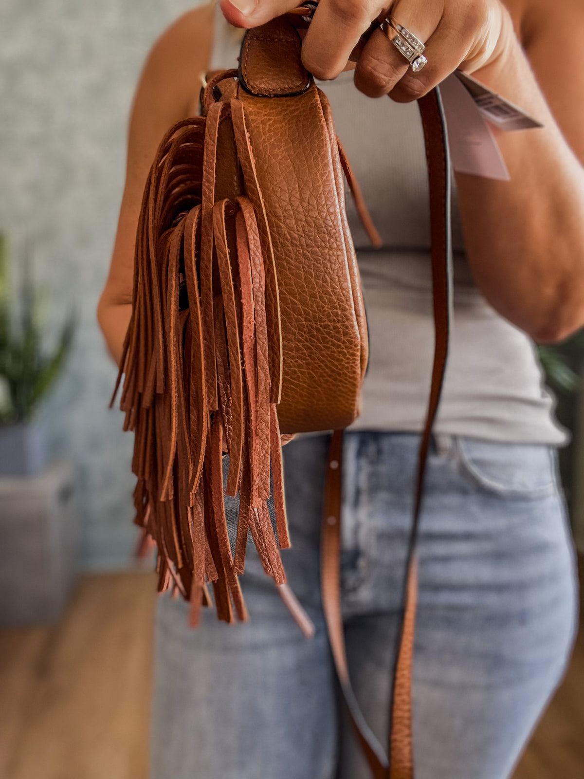 Willa Whipstitch Fringe Crossbody- Cognac