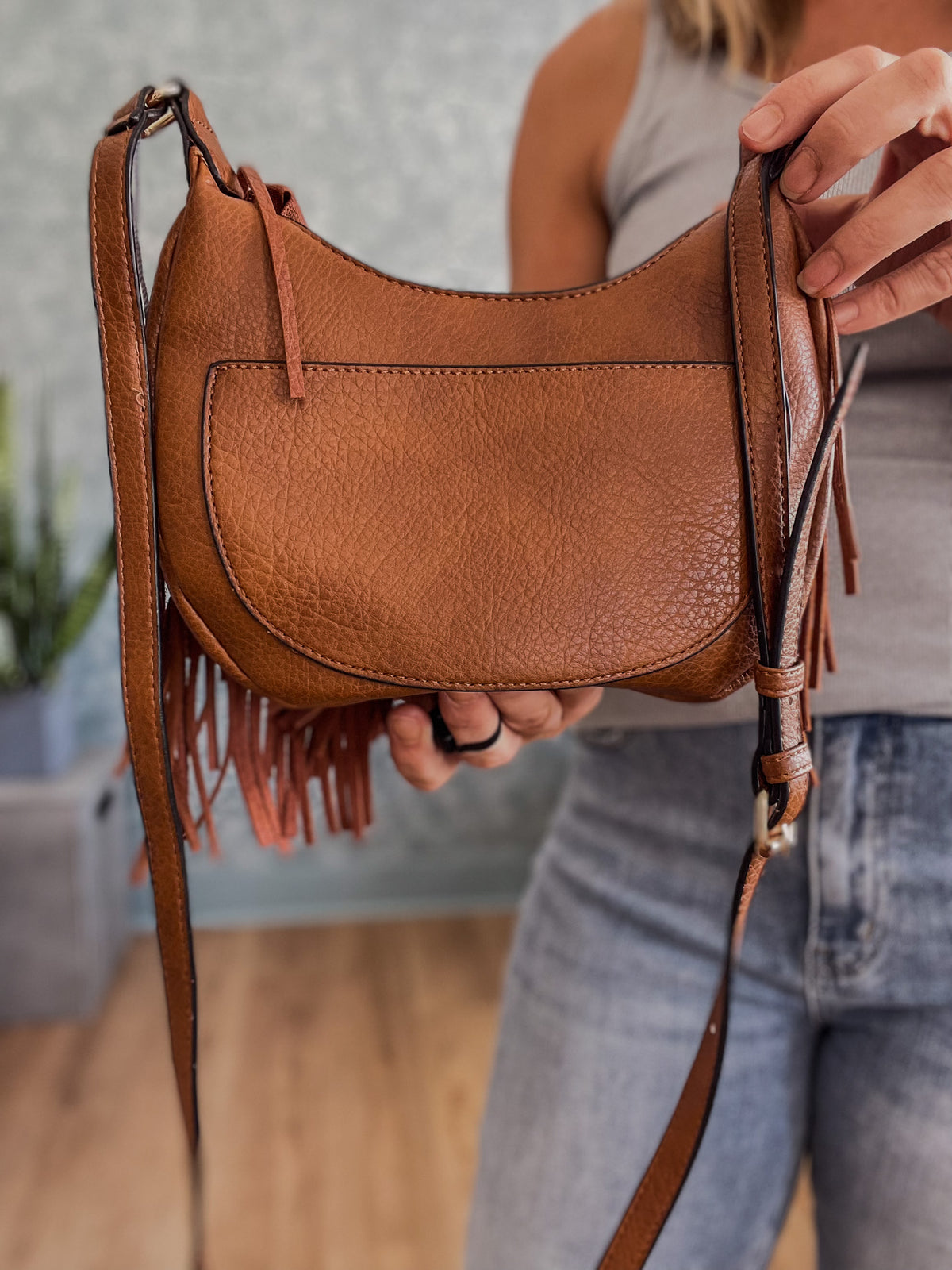 Willa Whipstitch Fringe Crossbody- Cognac