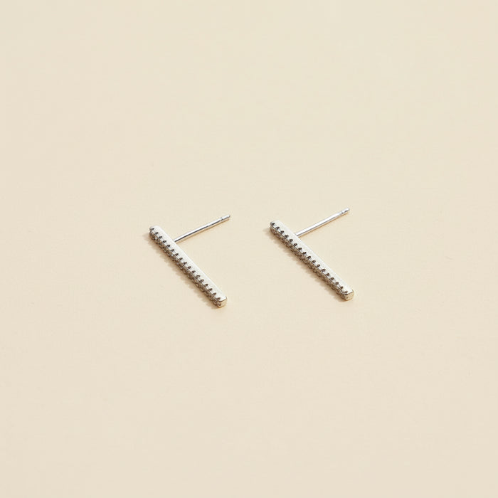 Pair of silver bar earrings on a beige background