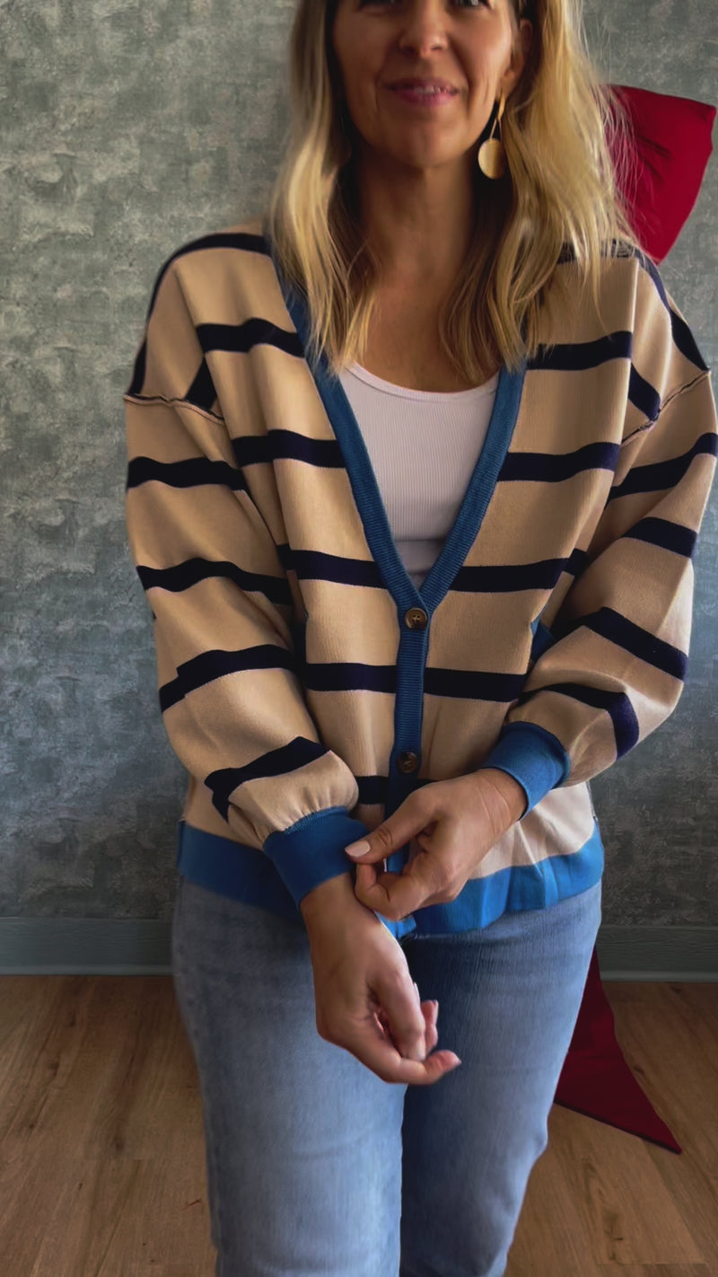 Rachel Contrast Cardigan Navy Stripe